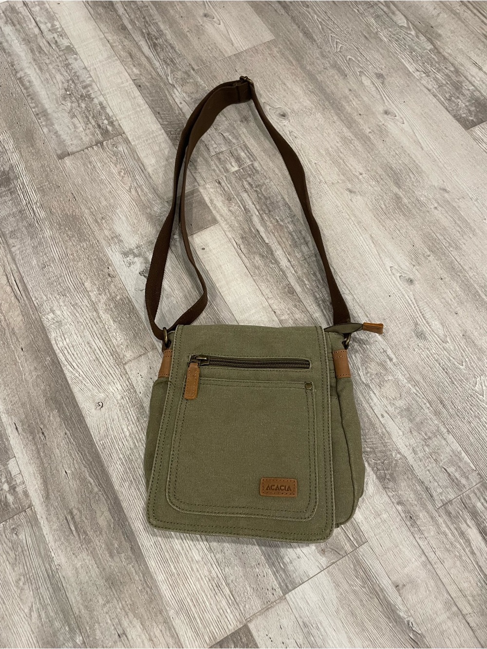 Acacia Olive Canvas Messenger Bag with Brown Strap